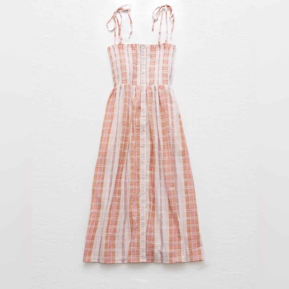 Aerie Smocked Button Down Midi Dress, Small - Peachy Pink